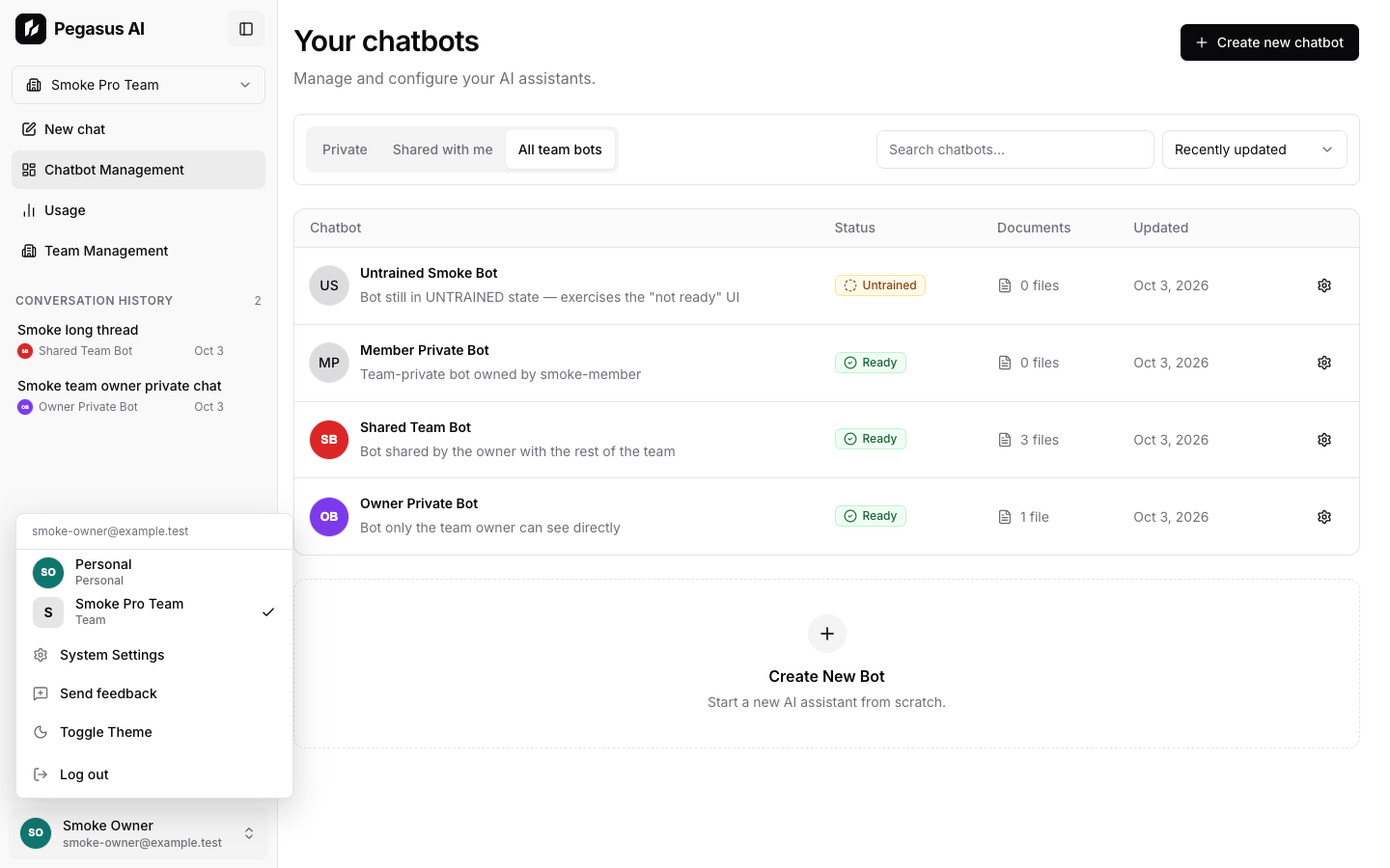 Profile menu with settings, theme and sign-out controls