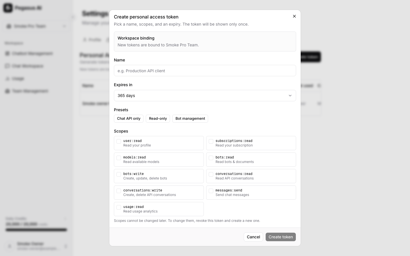 API token workspace binding card