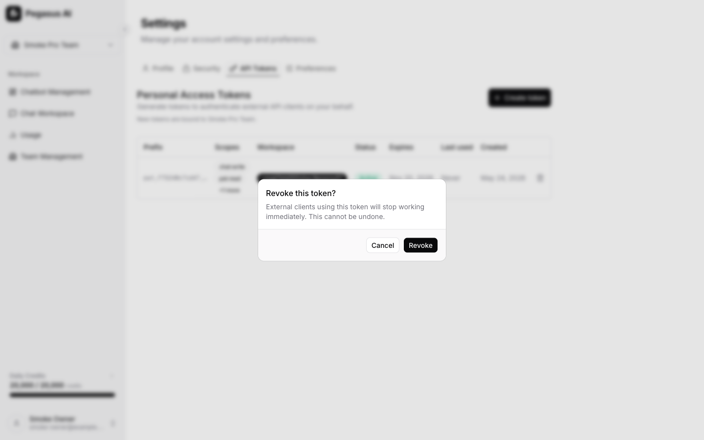 API token revoke action